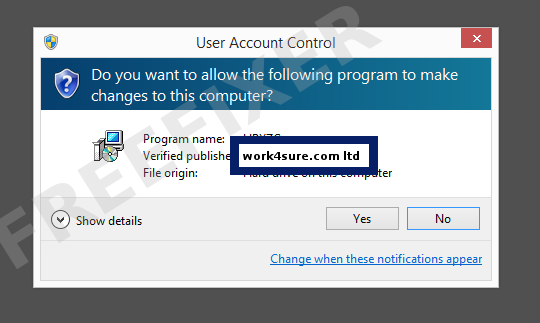 Screenshot where work4sure.com ltd appears as the verified publisher in the UAC dialog